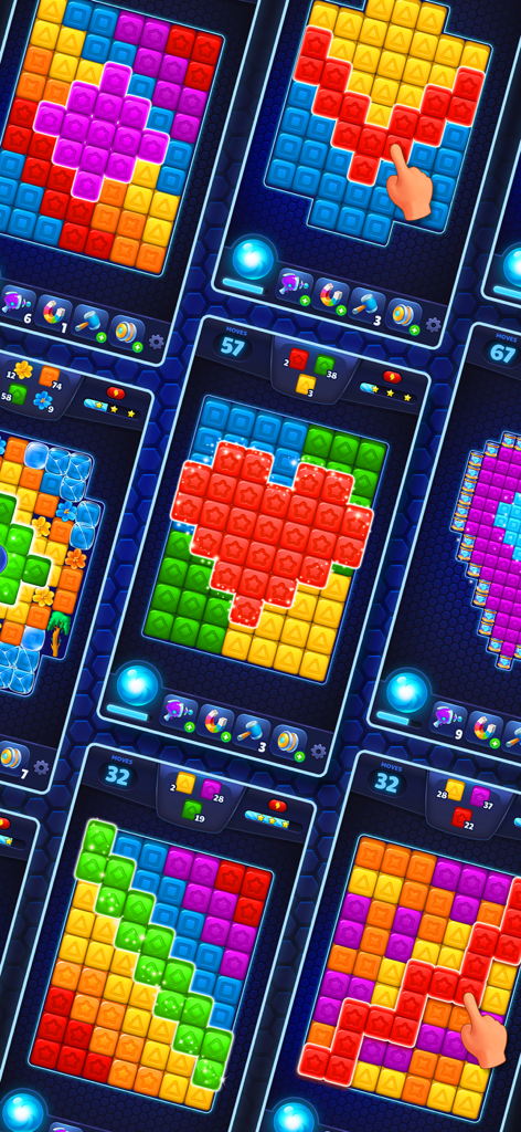 Cubes Empire Champions - Cubes Empire Champions gameplay screens showing colorful block puzzle levels and boosters