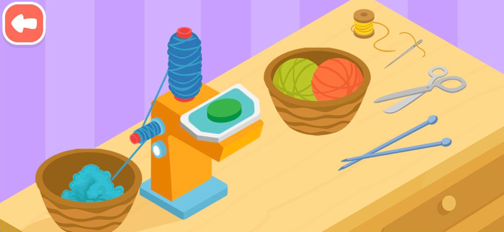 Farming game: Animal farm life - 子供向けゲームのカラフルなクラフトテーブルに、毛糸玉、ハサミ、編み針が置かれている