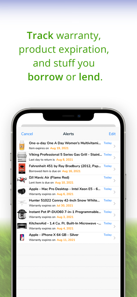 Nest Egg - Inventory - Alerts screen in Nest Egg app tracking warranties and product expirations