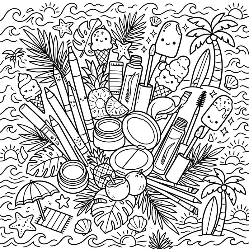 Unleash your creativity with this delightful summer-themed coloring page, blending essential eyebrow products with tropical beach vibes. It's the perfect way to relax and add your personal touch to a world of beauty and sunshine.