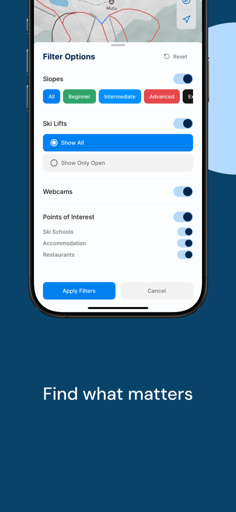 Skiro - Interface de l'application mobile montrant les options de filtre pour les pistes de ski et les remontées mécaniques sur une carte