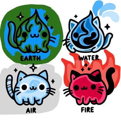 4 cats that represent the different elements, earth, water, air, and fire