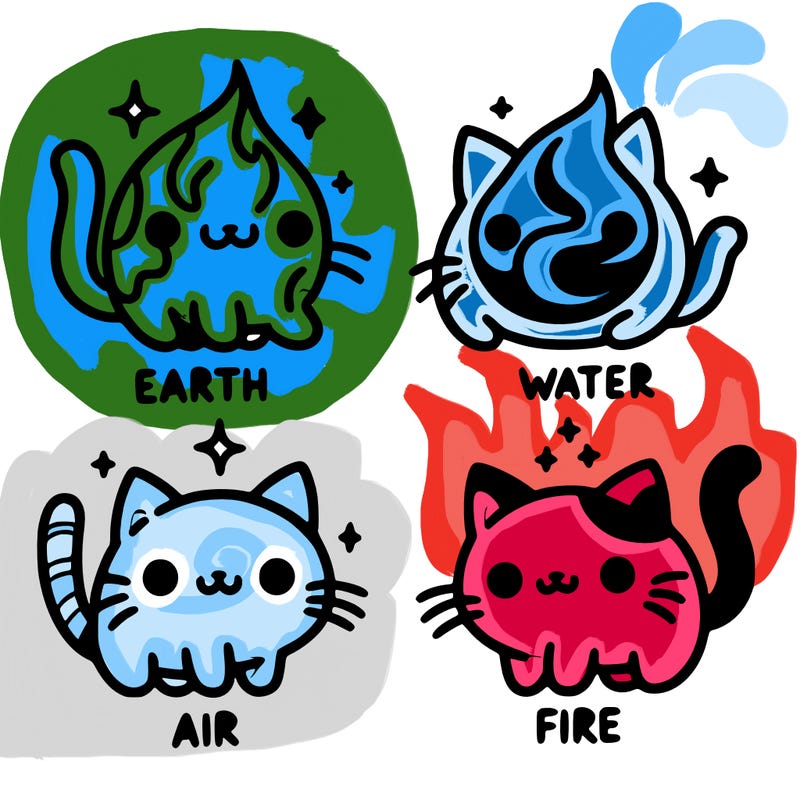 4 cats that represent the different elements, earth, water, air, and fire