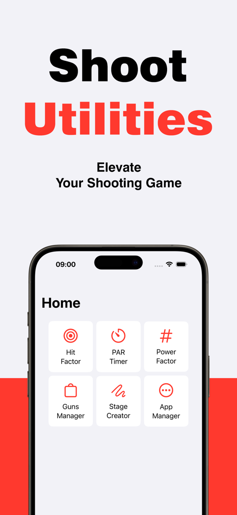 Shoot utilities IPSC - USPSA - Shoot Utilities app home screen showing features for competitive shooting like Hit Factor and PAR Timer