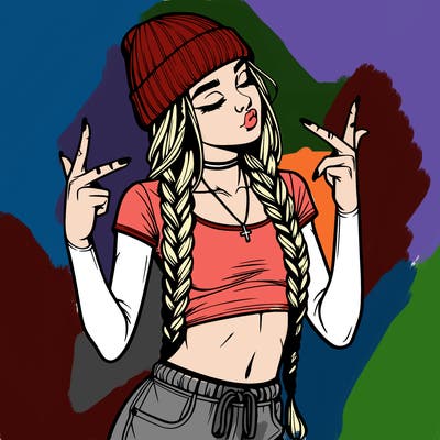 realistic teenage girl with braids and a beanie and crop top doing 🫶🏼