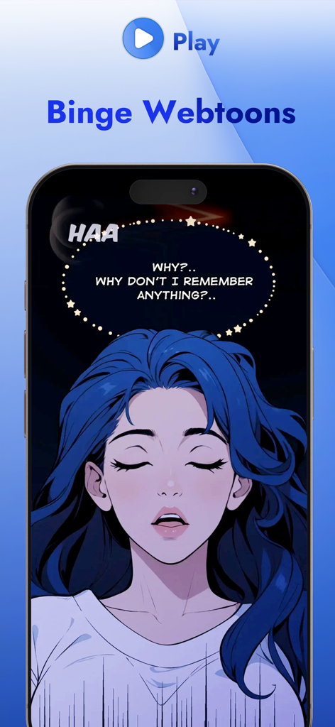 SWAGTOONS: Animation, Webtoons - The SWAGTOONS app interface displaying a vertical anime webtoon with a blue haired girl and a dramatic speech bubble