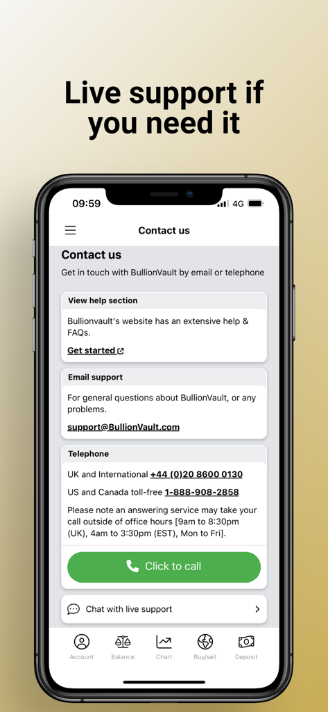 BullionVault: gold and silver - BullionVault mobile app contact screen showing live support email and telephone options for US and international investors