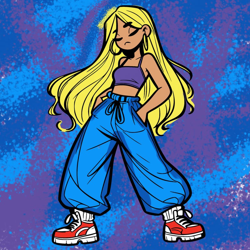 girl in baggy pants crop top and long hair