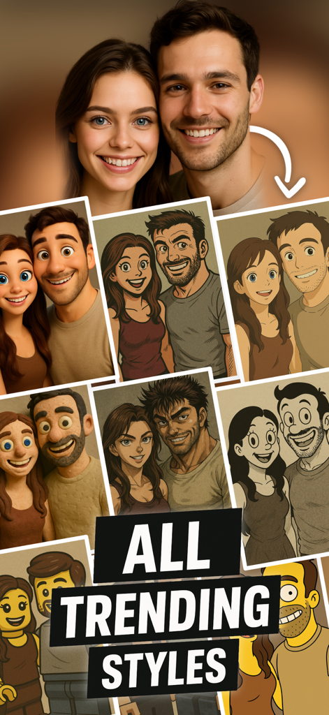 AI Cartoon Video Converter - A real photo of a couple transformed into multiple AI cartoon and animation styles