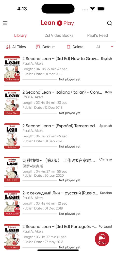 2 Second Lean Play - Tela da biblioteca de audiolivros do aplicativo 2 Second Lean Play mostrando uma lista de audiolivros em vários idiomas, incluindo inglês, italiano e espanhol.