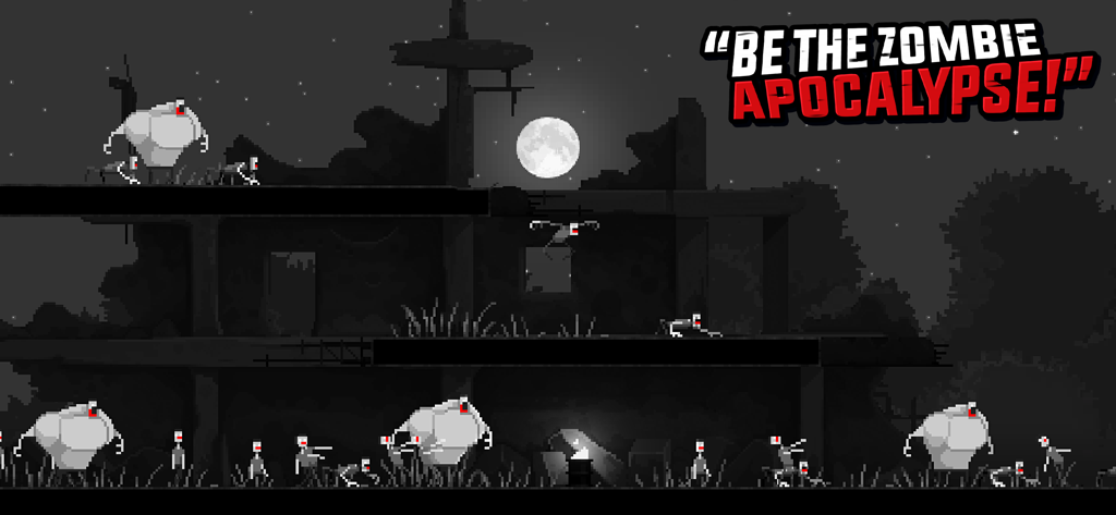 Zombie Night Terror - Jugabilidad de estrategia pixel art en Zombie Night Terror con una horda de zombis y el texto Sé el apocalipsis zombi.