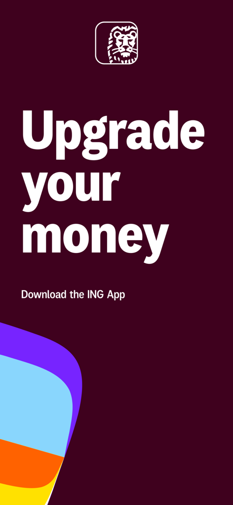 Pantalla de inicio de la aplicación de banca ING Países Bajos con el texto 'Mejora tu dinero' y el logo oficial del león
