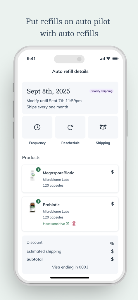 Fullscript - The Fullscript mobile app screen displaying auto refill details and scheduling for professional grade supplements