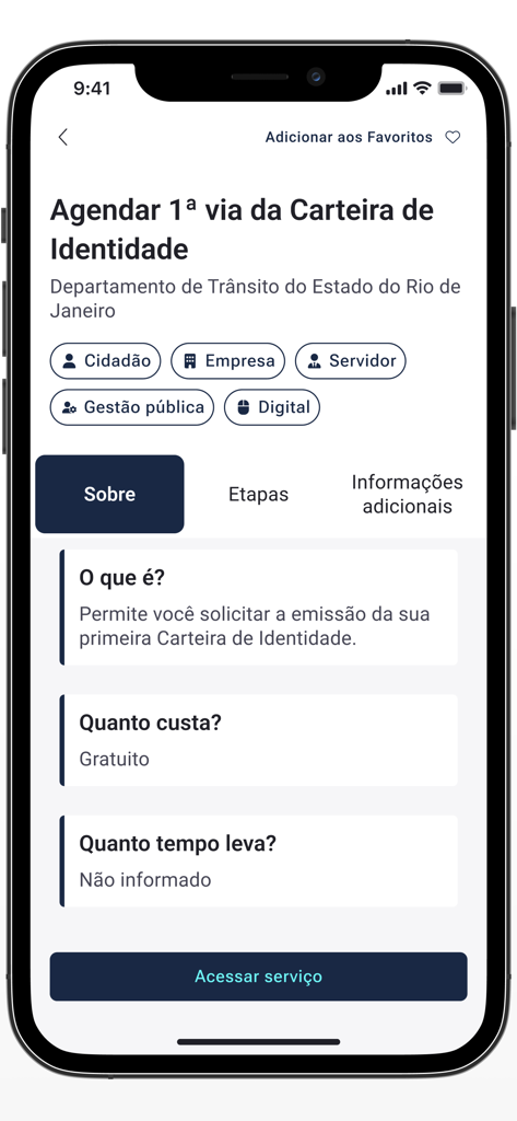 RJ Digital - RJ Digitalアプリの画面。ブラジル初のIDカードのスケジュール作成に関する情報、費用、処理時間を含む。