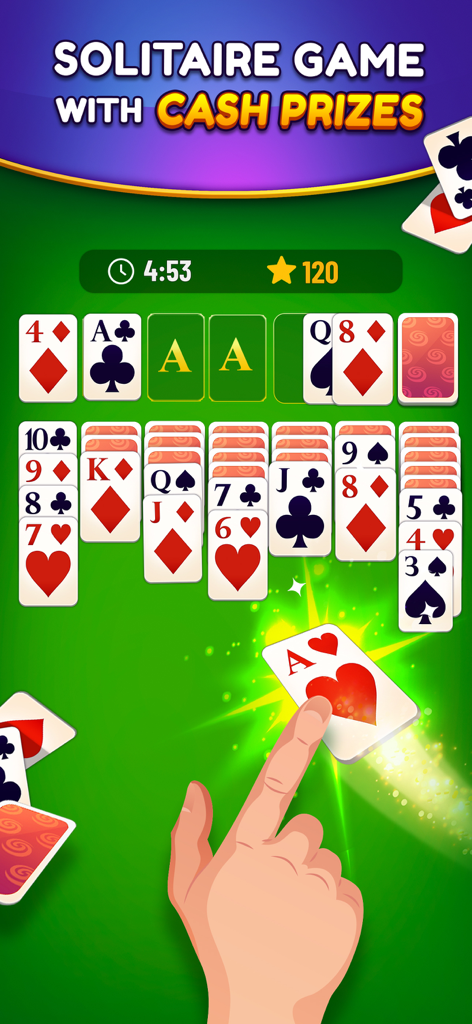Gameplay screenshot of Solitaire Real Cash showing a hand moving an Ace of Hearts card on a green felt background.