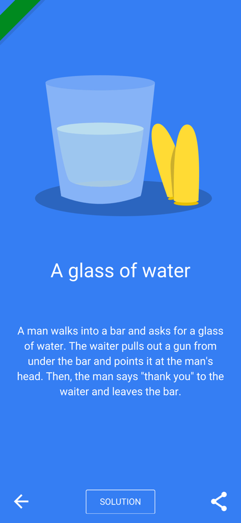 Dark Stories - A mystery riddle in the Dark Stories app titled A glass of water with an illustration of a glass and two bullets.
