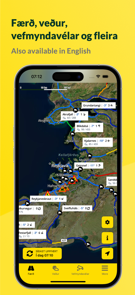 Færð og Veður - Affichage sur la carte des conditions routières et des informations météorologiques en Islande