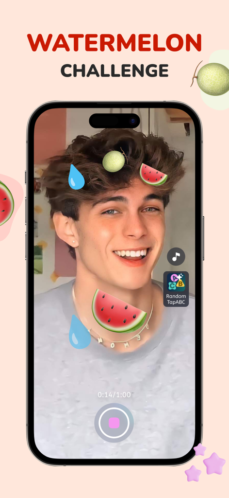 Tap Tap Filter Challenge Games - Smartphone screen displaying a young man playing the Watermelon Challenge filter game
