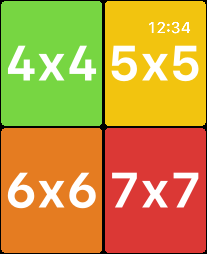 Minesweeper For Watch - Pantalla de selección de nivel de dificultad de Minesweeper para Watch que muestra tamaños de cuadrícula de 4x4 a 7x7