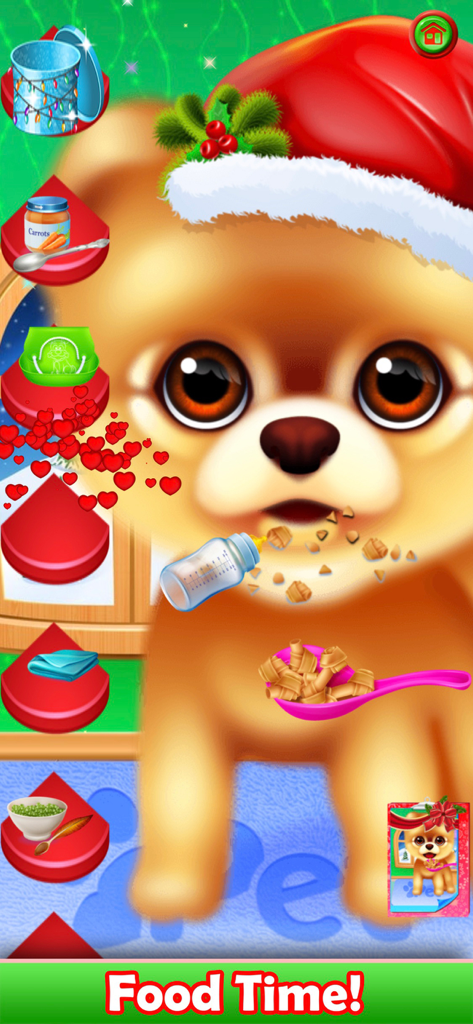Pet Puppy Nursery Time - Um pequeno filhote de Pomerânia usando um chapéu de Papai Noel sendo alimentado com uma mamadeira e petiscos para cães em um jogo de berçário.