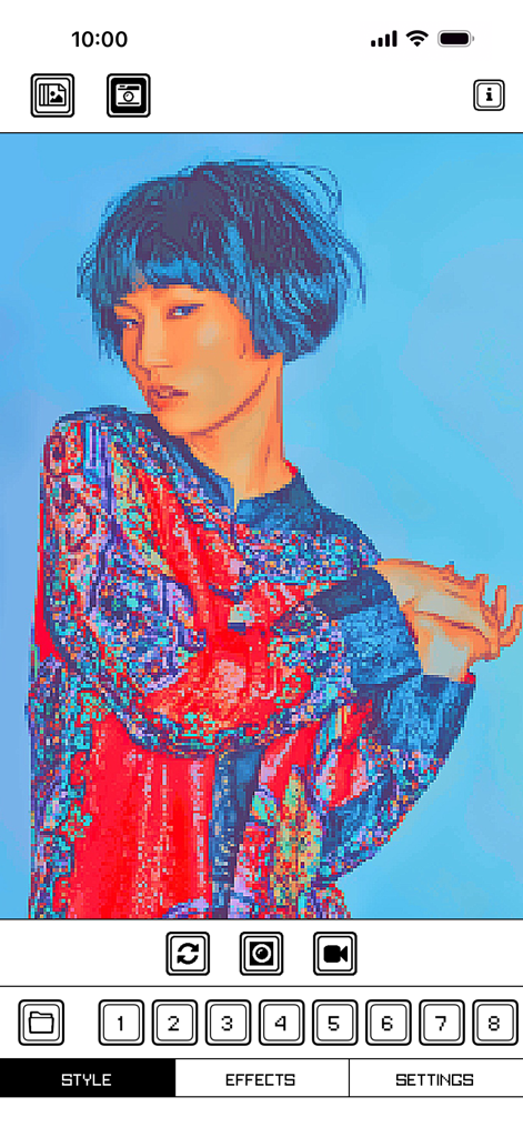 Un retrato colorido de pixel art de una persona con cabello azul mostrado dentro de la interfaz de la aplicación Pixel Art Camera.