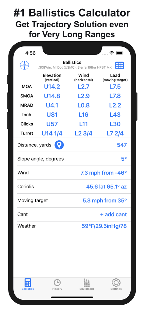 Chairgun Elite Ballistic Tool+ - Chairgun Elite app interface showing ballistic trajectory solutions for elevation wind and lead