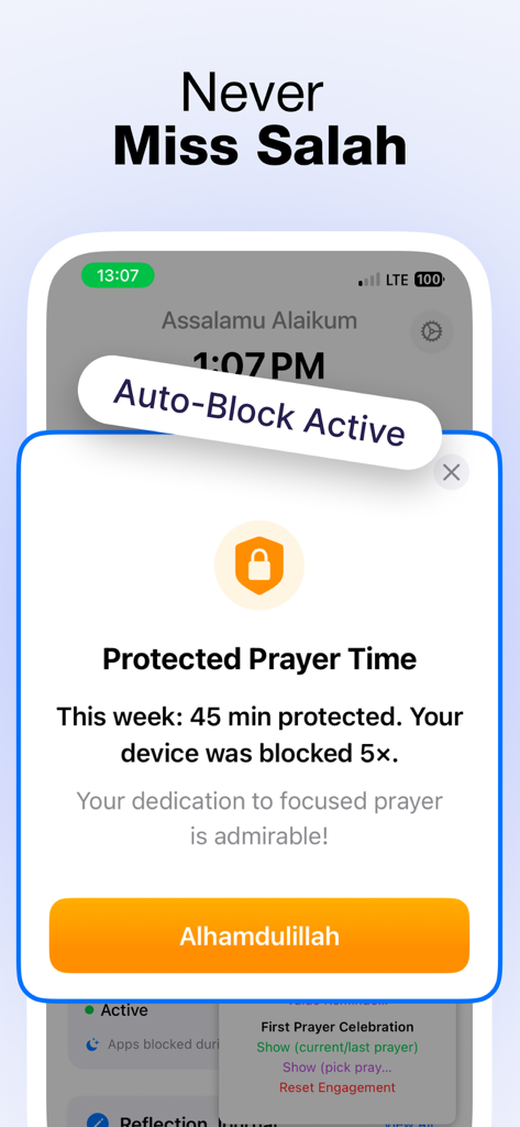 SalahScreen app showing a protected prayer time notification and auto-block active status