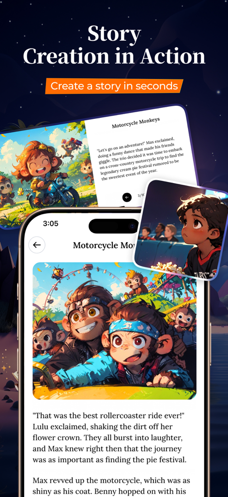 StoryStax - Kids Story Creator - A smartphone displaying an AI-generated illustrated children story titled Motorcycle Monkeys in the StoryStax app
