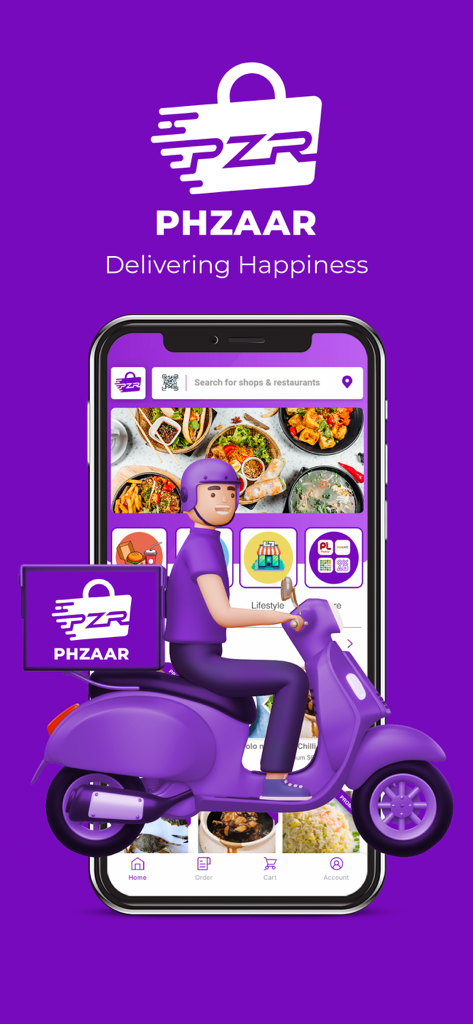 Phzaar - Phzaar super app home screen featuring a 3D character on a purple delivery scooter and various food and shopping categories