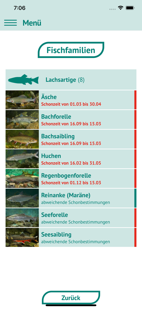Fische OÖ - Schonbestimmungen - Mobile app screen showing a list of salmonid fish species with their specific closed season dates and images.