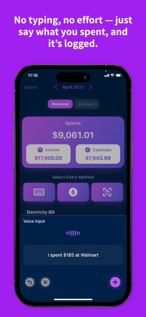 iPhone zeigt die Cash Compass App mit Spracheingabe zur Erfassung einer Ausgabe von 185 Dollar bei Walmart