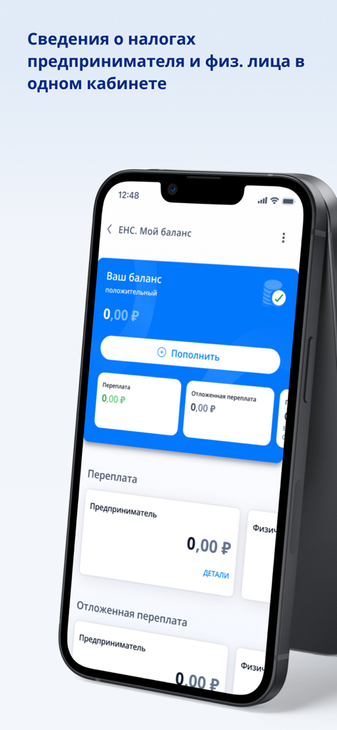 Russian Federal Tax Service mobile app interface displaying account balance and tax overpayment status for entrepreneurs