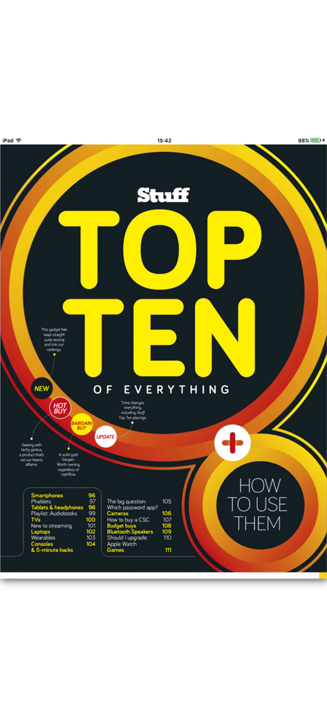 Stuff Magazine South Africa - A screen showing the Top Ten of Everything list for various gadgets in the Stuff Magazine South Africa app.
