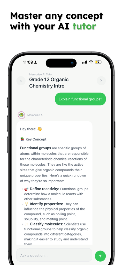 Memorize - Study Smarter - Uma tela de smartphone mostrando o tutor de IA do aplicativo Memorize explicando conceitos de química orgânica em uma interface de chat.