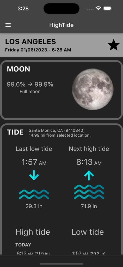 Tela do aplicativo HighTide mostrando a fase da lua cheia e os horários das marés para Los Angeles