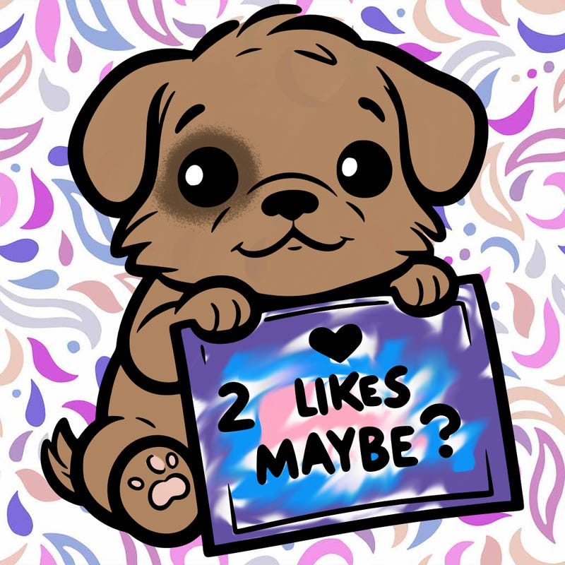 a puppy holding a sign that says 2 likes maybe?