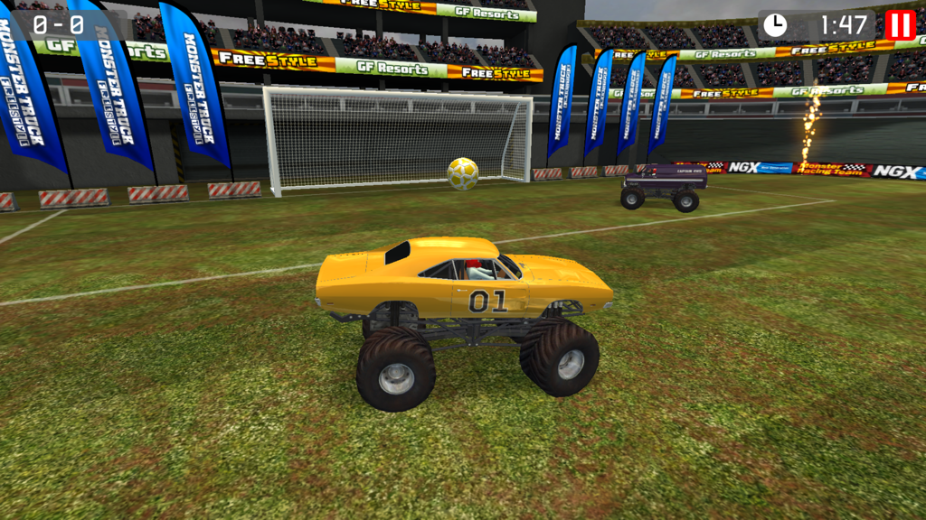 Monster Truck Soccer - Yellow monster truck playing soccer with a giant ball in a stadium.