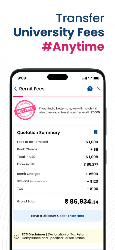 TC Pay | Payment Solutions - TC Pay app interface showing a quotation summary for international university fee remittance