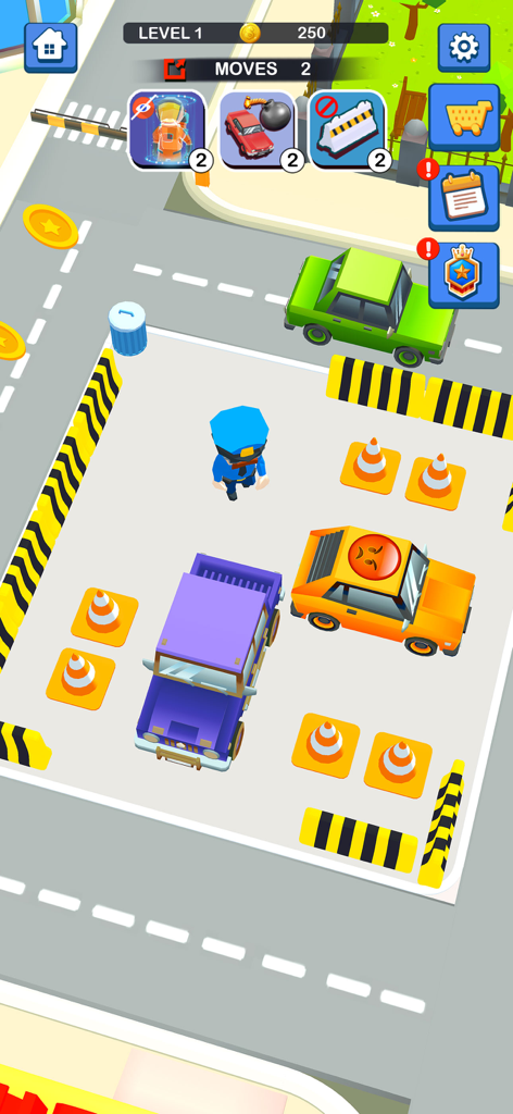 Gameplay screen of Car Jam Puzzle Parking Master showing cars and traffic cones in a parking lot level