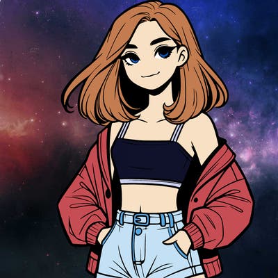 a realistic girl with a crop top and short shorts in an open jacket