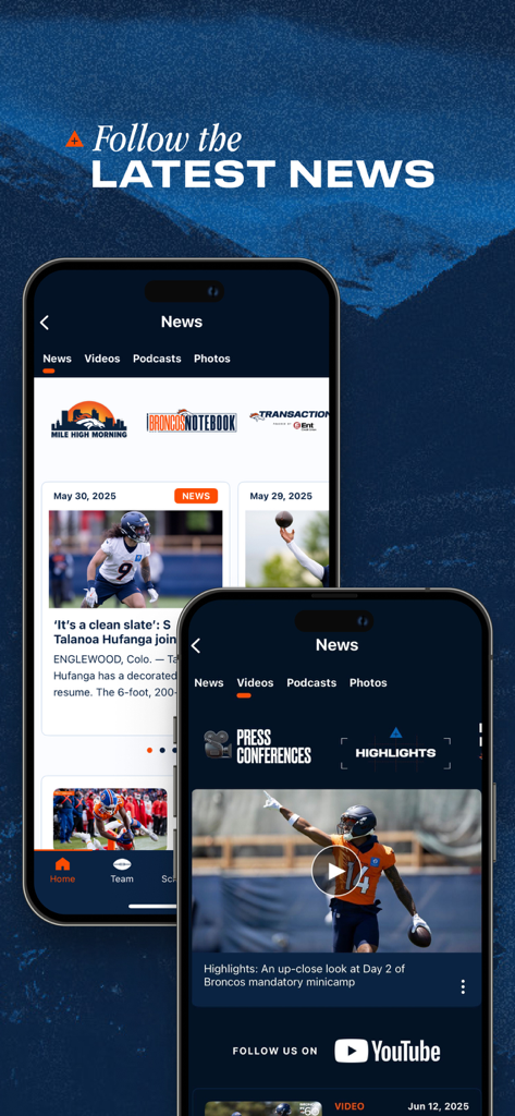 Denver Broncos - The Denver Broncos mobile app interface displaying the latest team news and video highlights.