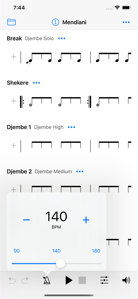 Interfaz de la aplicación DjembeTime que muestra notación de percusión de África Occidental y una ventana emergente de ajuste de tempo BPM.