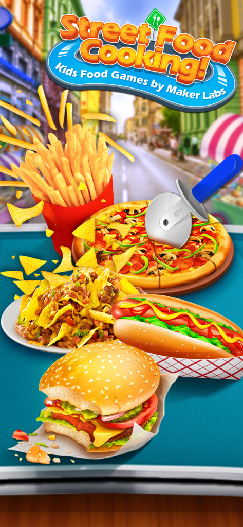 Food Games: Street Cooking - Colorful street food game interface showing pizza burger hot dog and french fries for kids