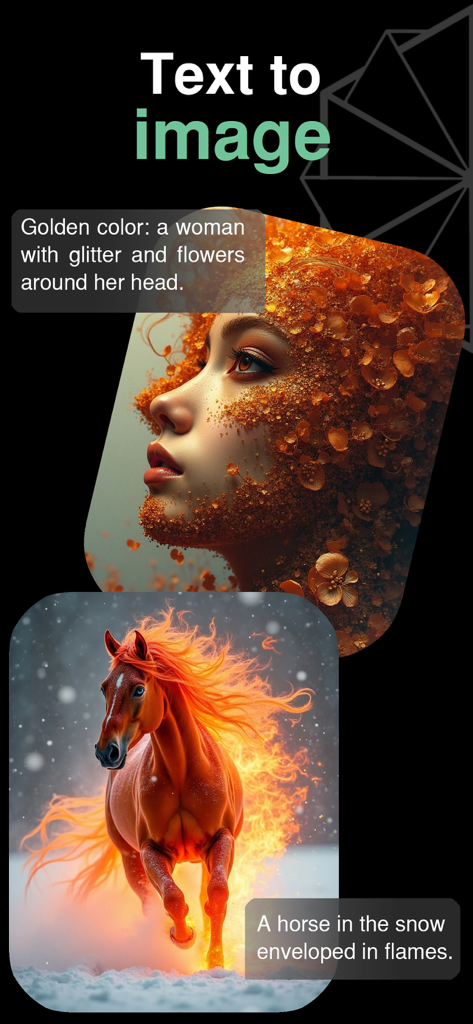 ChatAI - RAG & AI Agents - Captura de tela do aplicativo ChatAI mostrando resultados de geração de texto para imagem de uma mulher com flores douradas e um cavalo em chamas.