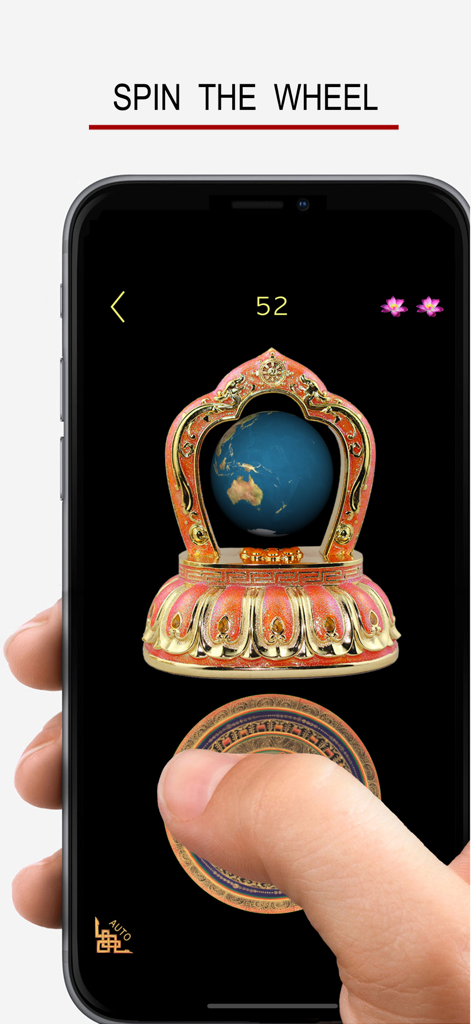 Buddha - Magic Prayer Wheel ! - Smartphone screen showing a digital Buddhist prayer wheel being spun by a user thumb