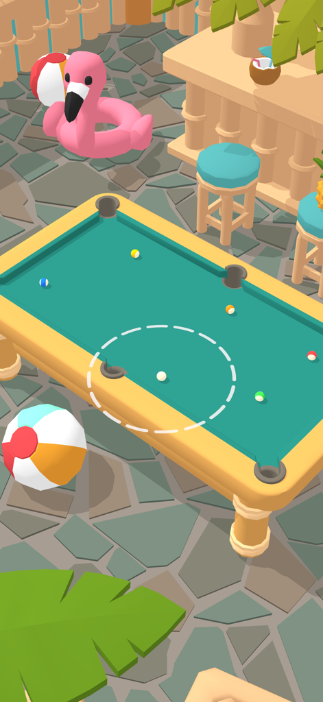 Coffee Pool - Vista isométrica de una mesa de billar en un entorno de playa tropical con un flamenco inflable y un bar tiki