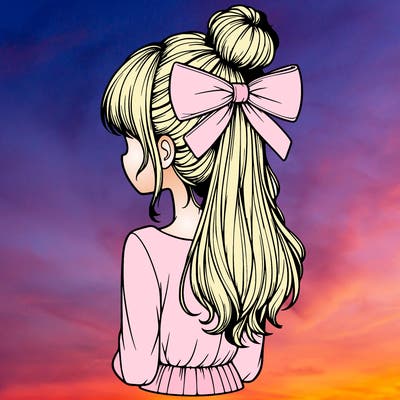 realistic girl  with hip length hair a bun and a big bow on the back of head