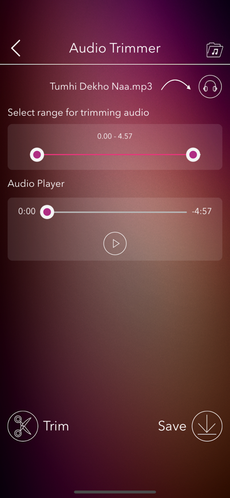 Interfaccia dell'app mobile Editor Audio che mostra lo strumento trimmer con selezione dell'intervallo e controlli di riproduzione per un file MP3.