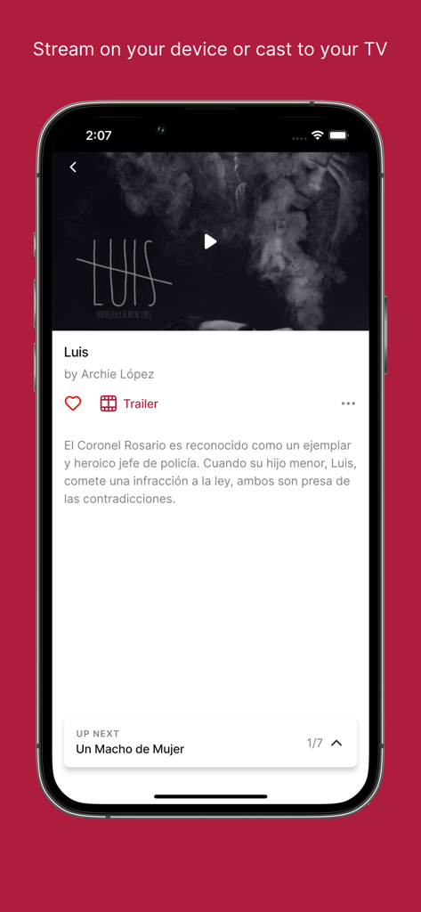 Pelidom - Pelidom app interface on iPhone showing movie details and description for the Dominican film Luis by Archie Lopez.