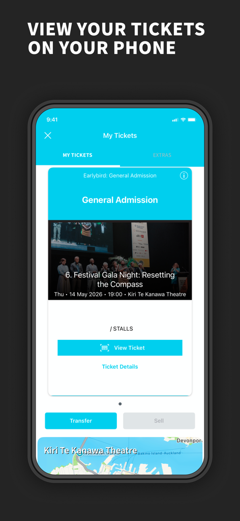 Auckland Writers Festival - A mobile screen showing a digital event ticket for the Auckland Writers Festival Gala Night with options to view, transfer, and sell